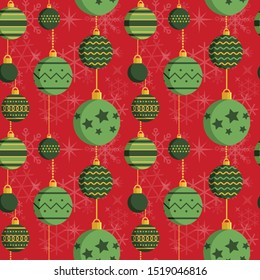 Vintage Christmas ornaments pattern with glass baubles for prints, wrapping paper, textile or fabric design. Xmas seamless background with hanging retro soviet style balls and snowflakes.