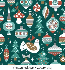Vintage Christmas ornaments seamless vector pattern. Hand drawn repetitve pattern. Perfect for fabric, wallpaper or giftwrap.