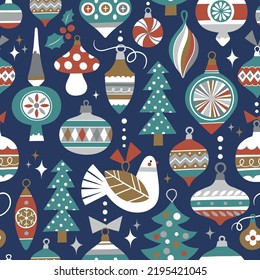 Vintage Christmas ornaments seamless vector pattern. Perfect for textile, wallpaper or print design.