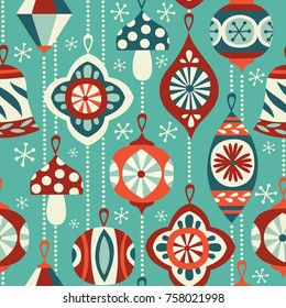 Vintage Christmas ornaments seamless vector background. Hand drawn repetitve pattern. Perfect for fabric, wallpaper or giftwrap.