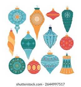 Vintage Christmas ornaments set. Hand drawn holiday baubles in various shapes, colors, and patterns. Festive retro decorations in flat cartoon style on white background. Vector illustration