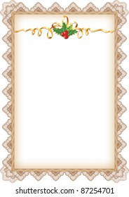 Vintage Christmas Page With Holly, Gold Ribbon And Guilloche Border / Vector