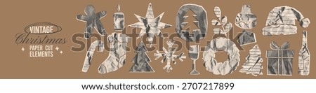 Vintage Christmas paper cut element set with crumpled halftone texture. Irregular rip paper tree, wreath, star, stocking, gift box, hat, gingerbread figure. Retro cutout scrapbook with torn edges.