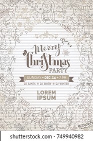 Vintage Christmas party invitation with cute doodles snowmen. Vector template. Snowmen are skiing, skating, singing. Christmas socks, candy canes, gift boxes, birds, garland, music notes, snowflakes.