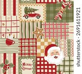 Vintage Christmas patchwork seamless pattern. Cozy cottagecore winter holidays wallpaper, repeat background. New Year print, mosaic textile design, quilt, plaid. Santa, Christmas tree, car in vector.