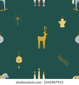 Vintage Christmas pattern background with hand drawn deer, candle, stars, and Christmas decorations. Vector seamless pattern. Trendy print for textiles, wallpaper and packaging.
