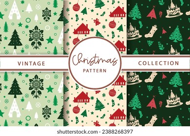 Vintage Christmas Pattern Collection with Trees, Houses, and Snowflakes