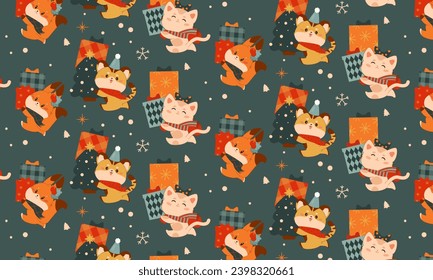 Vintage Christmas pattern with cute characters and gifts. Fox, tiger cub, kitten. Perfect for gift wrapping, greeting cards. Kawaii style. Vector illustration