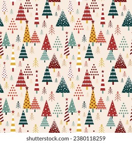 Vintage Christmas pattern with decorated holiday trees. Retro colored Xmas seamless background with geometric fir tree in different shapes.