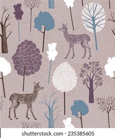 Vintage Christmas pattern. Deer with christmas trees.