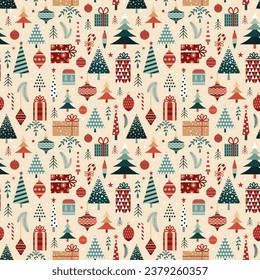 Patrón vintage de Navidad con árbol festivo, ornamentos, gits y ramas en los tradicionales colores rojos verdes. Arte de píxel retro Xmas fondo sin fisuras para tela, textiles y papel de envoltura de regalo.
