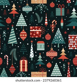 Vintage Christmas pattern with festive tree, ornaments, gifts and branches in traditional green red colors. Retro Xmas seamless background for fabric, textiles and gift wrapping paper.