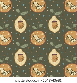 Vintage Christmas pattern with hand-drawn oranges; lemons; birds, mittens, stars on muted dark olive-green background. Warm repeat holiday background in earthy tones for gift wrap, and festive designs