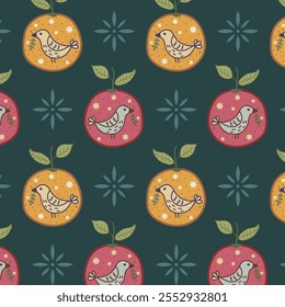 Vintage Christmas pattern with hand-drawn oranges, dove birds, and flower rosettes on dark teal background. Charming repeat holiday print in muted tones for gift wrap and decoration.