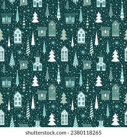 Vintage Christmas pattern with holiday trees and decorated festive snow houses under snowfall. Retro colored Xmas seamless background for fabric, textiles and gift wrapping paper.