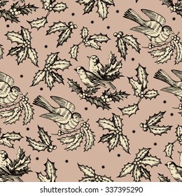Vintage Christmas pattern with holly leaves and birds. Hand drawn graphic pattern. Hand drawing. Seamless for fabric design, gift wrapping paper and printing and web projects.