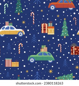 Vintage Christmas pattern with old car carrying festive fir tree on its rack, ornaments and gifts. Retro automobiles carry Xmas trees on roof seamless background.