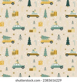 Vintage Christmas pattern with old car carrying festive fir tree on its rack, ornaments and gifts. Retro automobiles carry Xmas trees on roof seamless background.