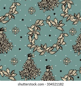 Vintage Christmas pattern with plants. Hand drawn graphic pattern. Hand drawing. Seamless for fabric design, gift wrapping paper and printing and web projects.