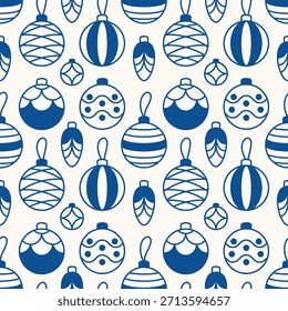Vintage Christmas pattern. Christmas tree decorations in linear style. Minimalistic winter background
