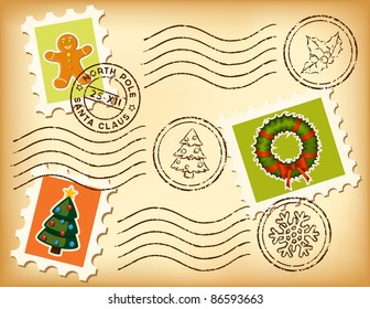 Vintage Christmas postage set on old paper. Marks and stamps