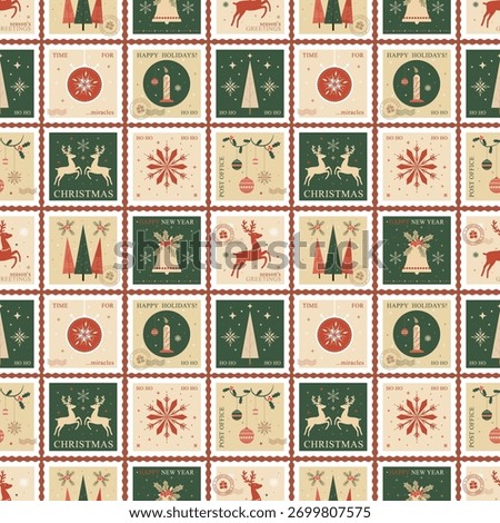 Vintage Christmas postage stamp vector seamless pattern with dense collage layout, retro holiday mail icons, nostalgic cozy winter style, ideal for wrapping paper, fabric, cards, gift packaging