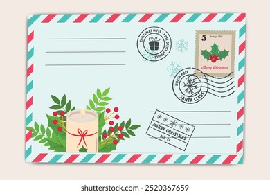  Vintage Weihnachts-Postkarte mit Kerze, holly Blätter Design und festliche Briefmarken. Frohe Weihnachtskarte. Winterurlaub Vintage Grußkarte. 