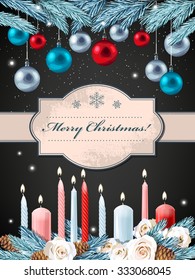 Vintage christmas postcard with candles and christmas tree toys