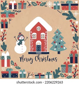 Vintage Christmas postcard, hand-drawn on kraft paper with a winter house, snowman, christmas tree and gifts and the inscription MERRY CHRISTMAS