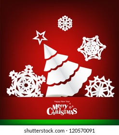 Vintage Christmas postcard with origami Christmas tree and snowflake, vector illustration.