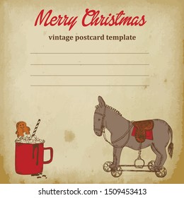 Vintage christmas postcard with retro rocking toy donkey on wheels and mug of coffee sketch vector illustration. Vintage christmas toys drawn by hands sketch ink pen on old paper background.