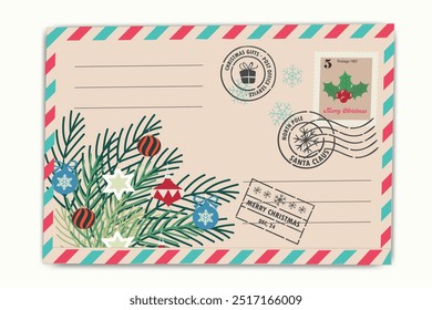 Vintage Christmas postcard template with pine branch, ornament, and holiday stamp. Merry Christmas card. Winter Holiday Vintage Greeting Card.
