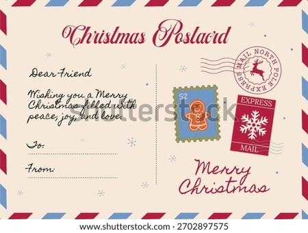 Vintage Christmas Postcard vector template with gingerbread man stamp, reindeer postmark, holiday greeting, and mail delivery border.