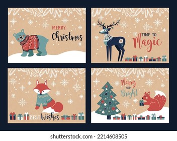 Vintage Christmas postcards with abear, deer, squirrel, christmas tree and gifts and the inscription