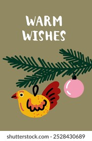 Vintage Christmas Postcards. Happy Holidays greeting cards. Fir branch with hanging Christmas baubles on green background. Naive art illustration. 