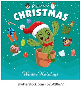 Vintage Christmas poster design with Cactus characters.