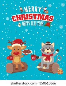 Vintage Christmas poster design with cat & reindeer