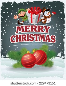 Vintage Christmas poster design with elf and snowman