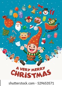 Vintage Christmas poster design with elf characters.