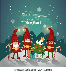 Vintage Christmas poster design with Christmas Elves. Vector illustration. New year