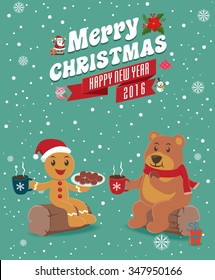 Vintage Christmas poster design with gingerbread & bear