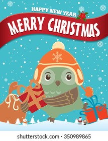 Vintage Christmas poster design with owl