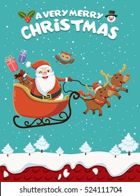 Vintage Christmas poster design with owl Santa Claus with sleigh and reindeer characters.