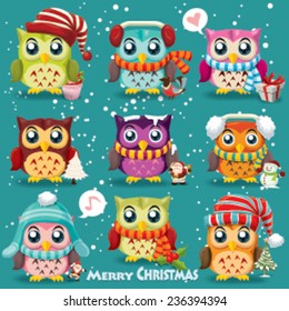 Vintage Christmas poster design with owls, Santa Claus, snowman 