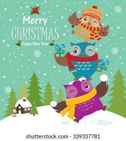 Vintage Christmas poster design with owls