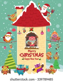 Vintage Christmas poster design with owls