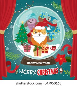 Vintage Christmas poster design with owls