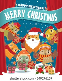 Vintage Christmas poster design with owls