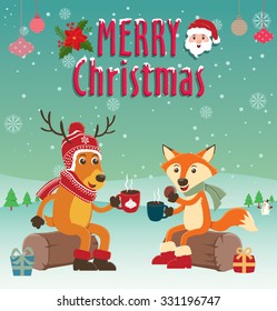 Vintage Christmas poster design with reindeer & fox