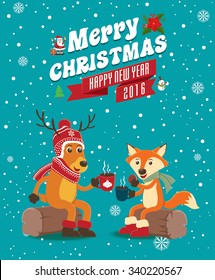 Vintage Christmas poster design with reindeer & fox